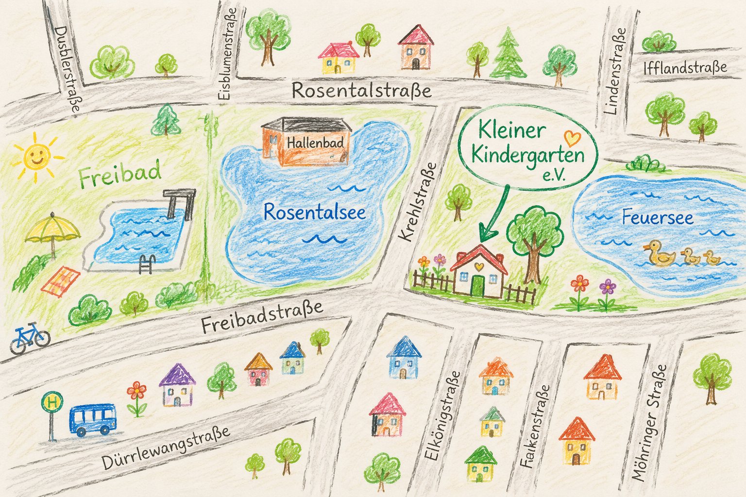 Handgezeichnete Anfahrtsskizze: der Kleine Kindergarten liegt zwischen Feuersee und Rosentalsee, unweit von Freibad und Hallenbad, an der Krehlstraße